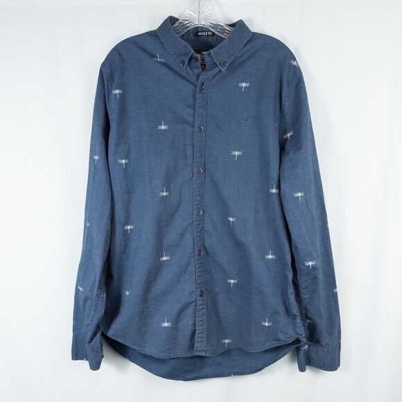 Hollister Epic Flex Muscle Fit Long Sleeve Button Down Dragonfly Shirt Mens XL - Picture 1 of 15